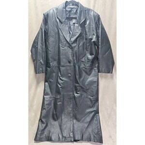 Vintage 90s Women Comint Black Leather Longline Trench Coat Medium Oversized‎